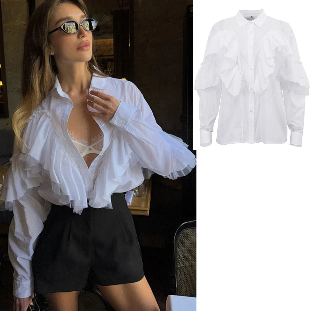 

Осенняя элегантная классическая однотонная женская блузка с рюшами, модная свободная белая женская рубашка, повседневные рубашки с длинными рукавами и лацканами