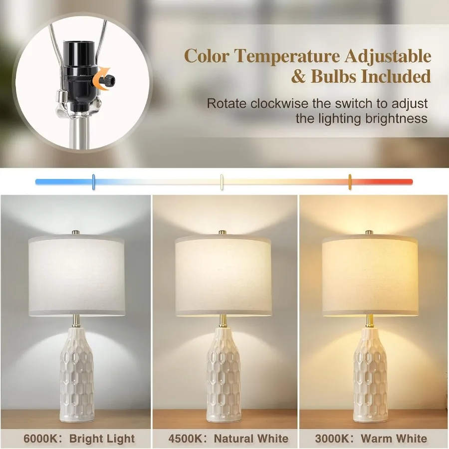 مجموعة مصابيح طاولة سيراميك مقاس 24.8 بوصة مكونة من قطعتين مع درجة حرارة اللون والمصابيح المتضمنة - مصابيح بجانب السرير لغرفة المعيشة وغرفة النوم