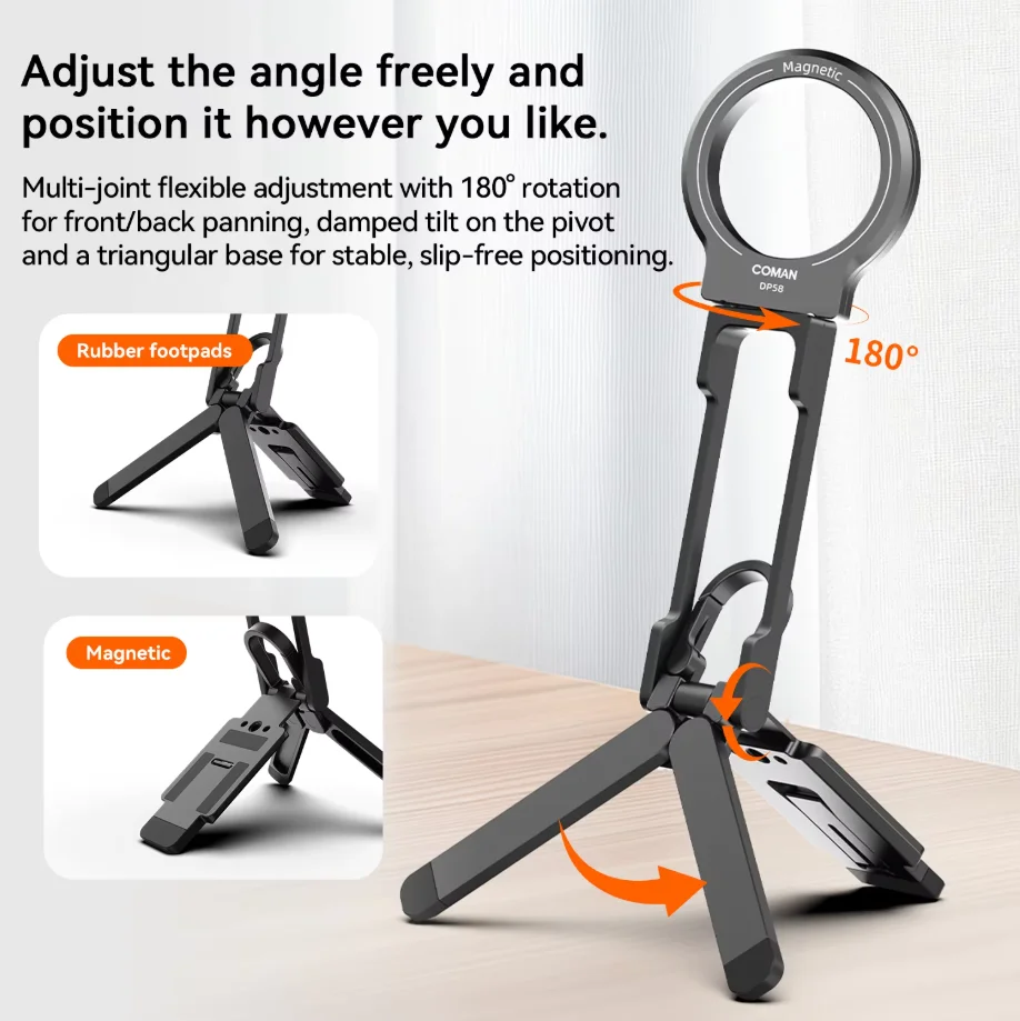 COMAN DP58 Portable Magsafe Phone Tripod Holder For Outdoor Travel Vlog Live Streaming For iPhone 18 17 16 Pro Max Phone Stand