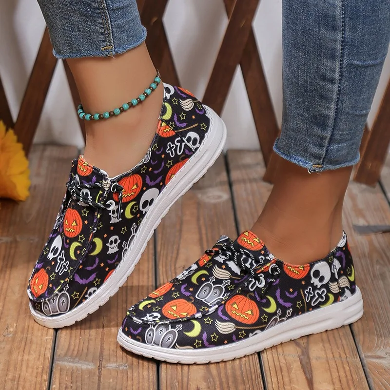 Halloween Women's Shoes Comfortable Canvas Shoes Large Size 36-43 Women Flat Casual Shoes Halloween Carnival Zapatos De Mujer