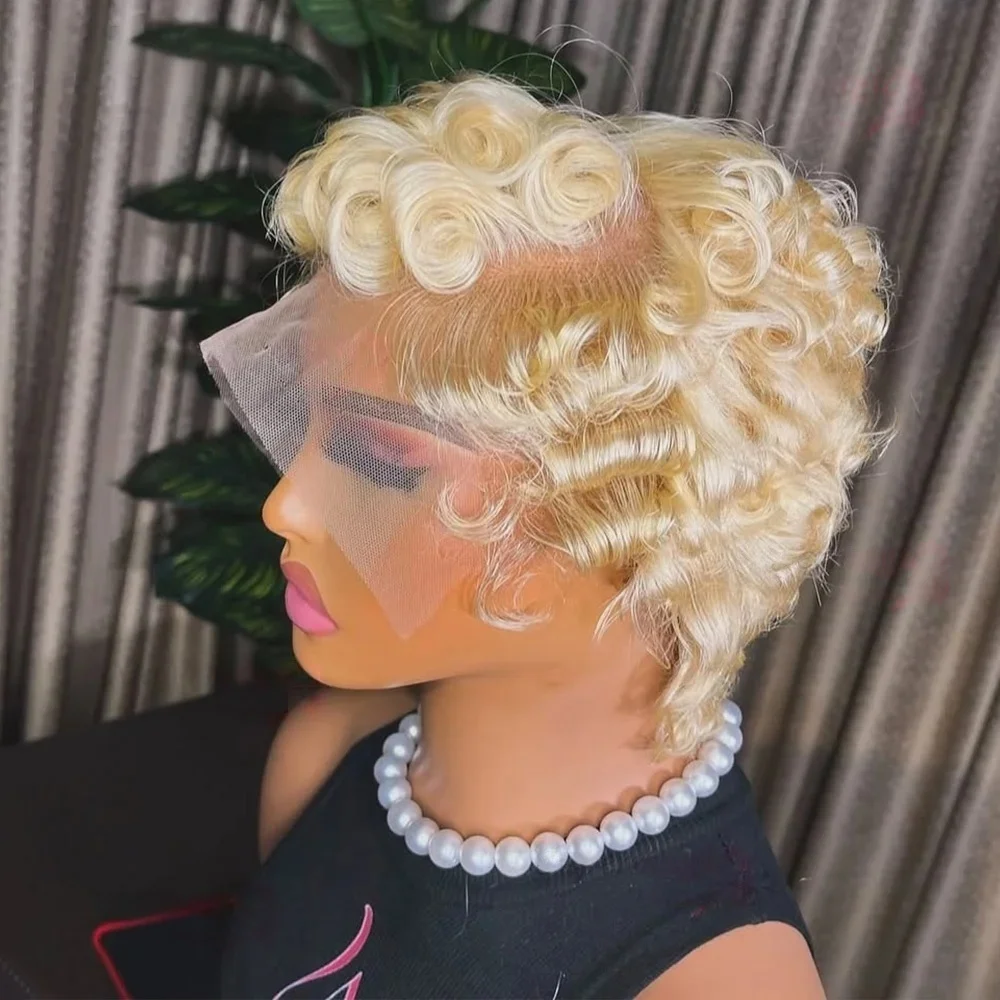 

Pixie Curly 100% Human Hair Wig 13x4 Short Wig Pixie Cut 613# color Lace Frontal Human Hair Wigs for Women