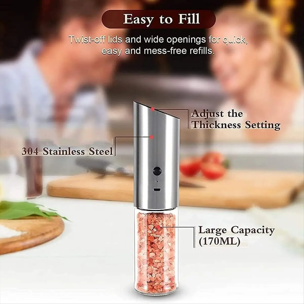 

(AIMA) Pepper Mill Electric Salt Pepper Grinder USB Rechargeable One-Handed Operation Adjustable Salt Peppercorn Shakers