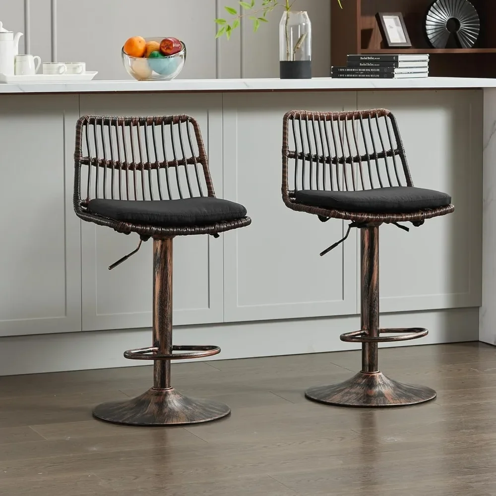 Rattan Bar Stool Set Of 2, Linen Upholstered Barstool With Backrest, Swivel Bar Chair With Footrest, Dining Bar Stool With Round