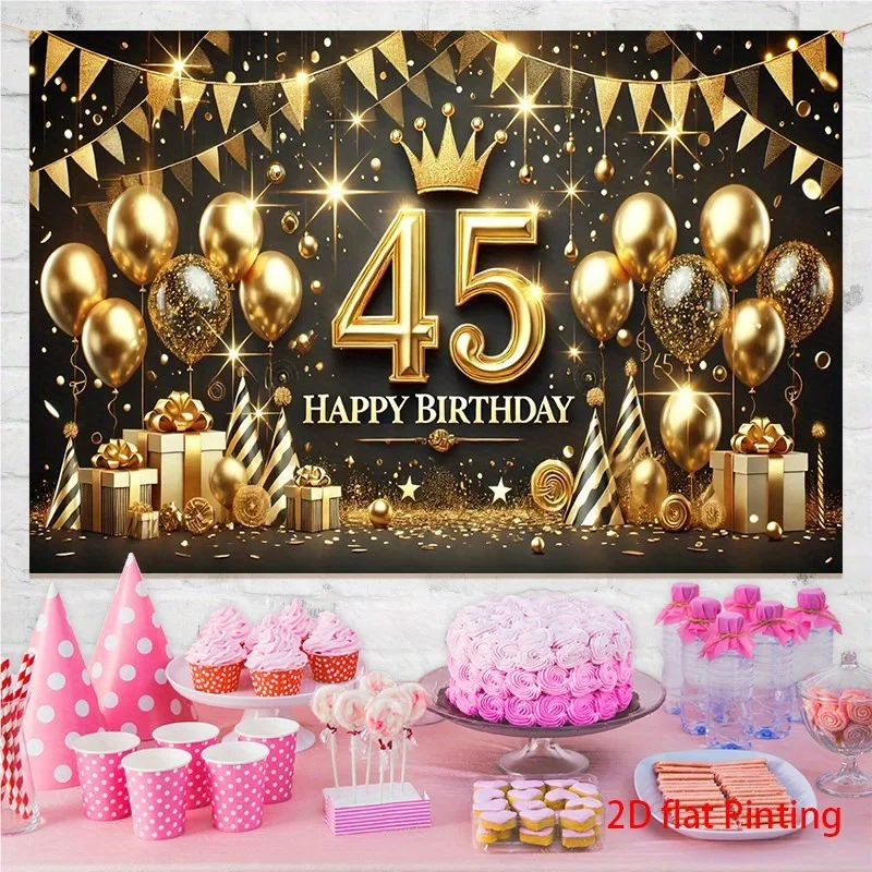 1 Stück übergroßer, gold-schwarzer Geburtstags-Hintergrund mit der Zahl 45 als Mittelstück – elegante, große Ballonbogen-Dekoration – 45. Geburtstag – Detail 7