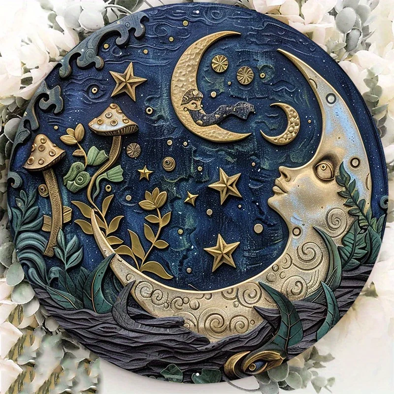 

Circular Aluminum Metal Sign Plaque, Round Shaped, Starry Moon, Underwater Sculpture is Set Up in the Woods, Wall Art Home Decor