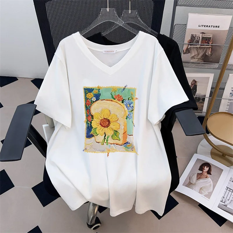 

Женская футболка больших размеров (до 170 кг), летняя, свободного кроя, с коротким рукавом, V-образным вырезом, с принтом, черно-белая, 4XL, 5XL, 6XL, 7XL, 8XL, 9XL