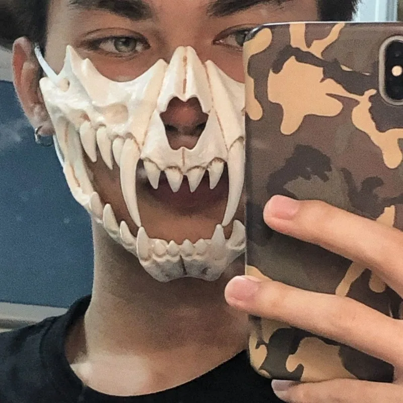Maska Punkowa Czaszka na Halloween dla Kobiet i Mężczyzn Pół Twarzy Wilk Smok Tygrys Cosplay Kostium Rekwizyty Halloweenowe Maska Szkieletu Demona