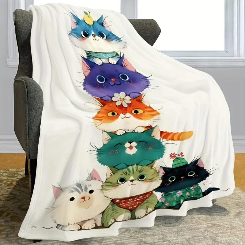

Flannel Throw Blanket - Cat Theme Digital Print, All Seasons Multipurpose Cozy Knitted Throw for Couch, Bed, Travel