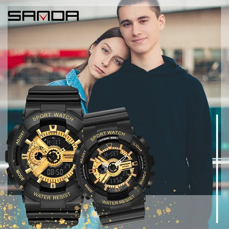 SANDA นาฬิกาผู้ชายอินเทรนด์นาฬิกาผู้หญิง 2023 ใหม่ Multifunctional Chronograph Dual Display กีฬานาฬิกา 5ATM กันน้ํา Reloj Hombre