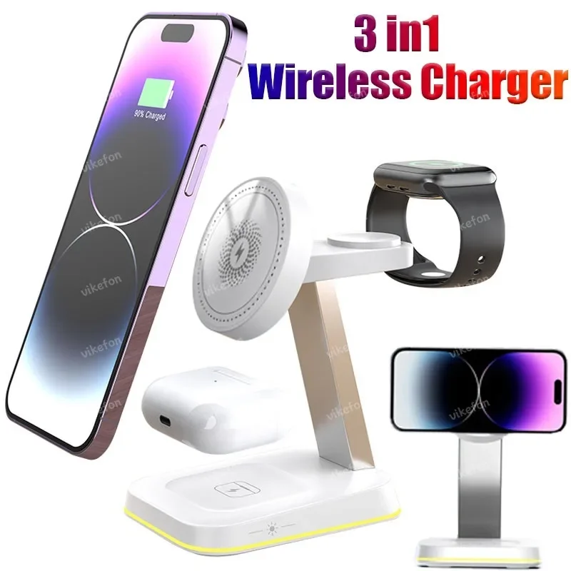 

Foldable 3 in1 Magnetic Wireless Charger LED Light Fast Charging Station For iPhone 16 15 Pro Max/Mini/Plus/ iWatch 9 /Airpods 2