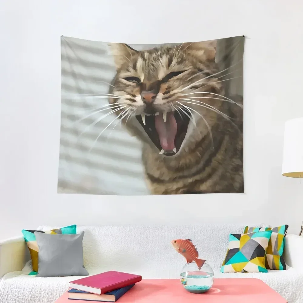 Tabby Cat Yawning Artistic Portrait Tapestry Decoration For Home Wall Decoration Aesthetic Room Decor Tapestry