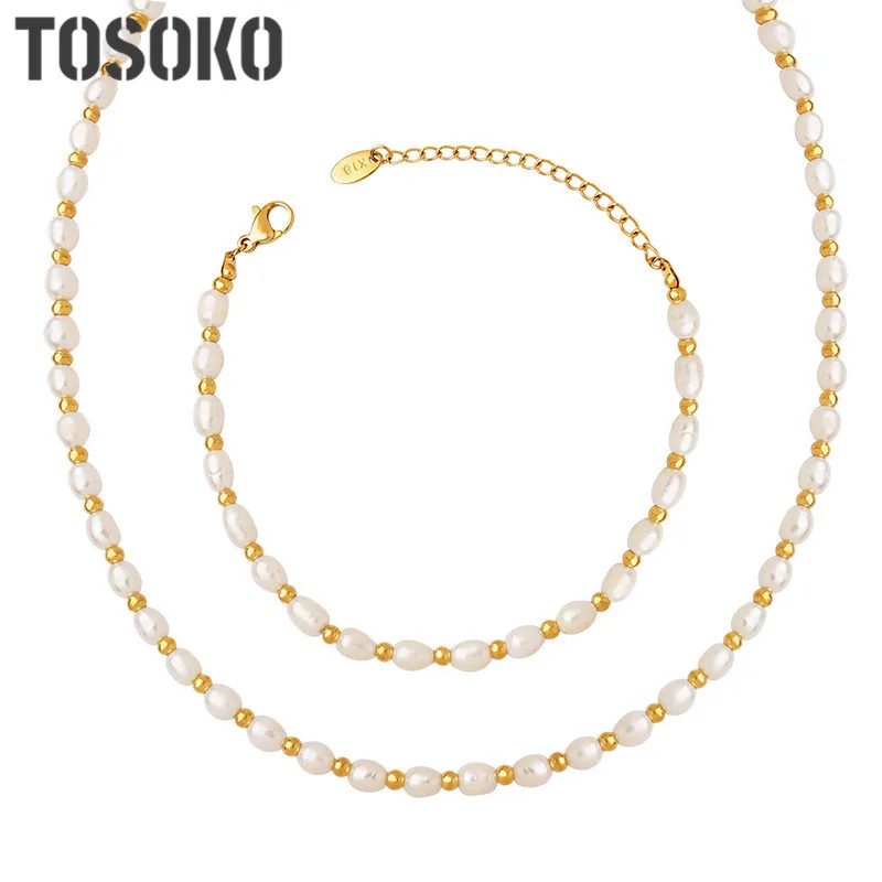 

TOSOKO Stainless Steel Jewelry Freshwater Pearl Spacing Steel Ball Splicing Bracelet Necklace Set Women's Fashion Jewelry