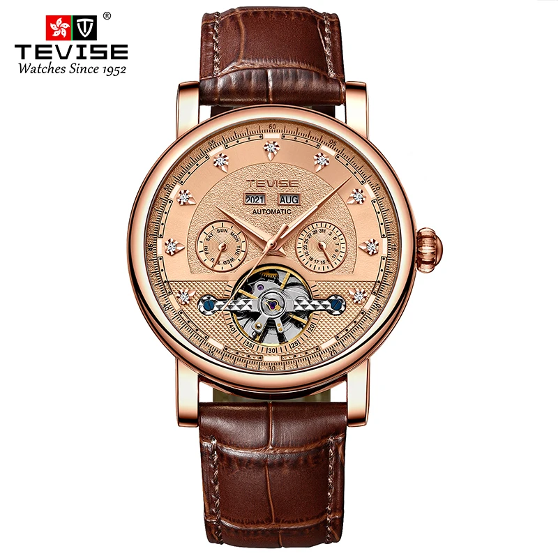 TEVISE Automatic Mechanical Watch for Man Business Casual Stainless Steel Leather Wristwatch luminous Waterproof