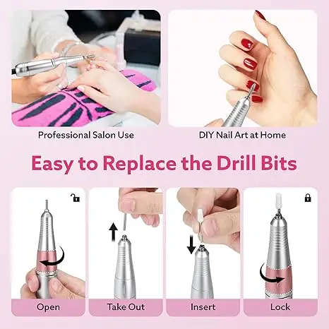 Perceuse à ongles électrique professionnelle pliable, polisseuse, rectifieuse pour gel N64.avec fraise et tête de meulage, 45000