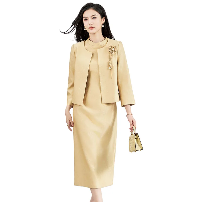 Autumn New 2024 Elegant Dresses for Women Designer Full Sleeve Short Jacket Top+Short Sleeve Dress 2 Piece Suit Yellow Vestidos