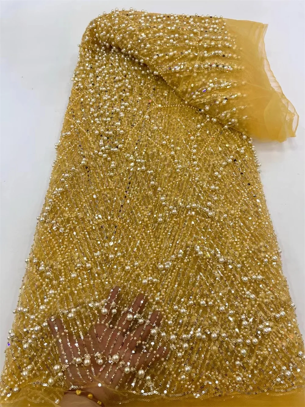 

High Quality Yellow African Sequins Tulle Embroidered Groom Lace Fabric Beaded Sequins Lace Fabric for Nigerian Wedding Q408-1