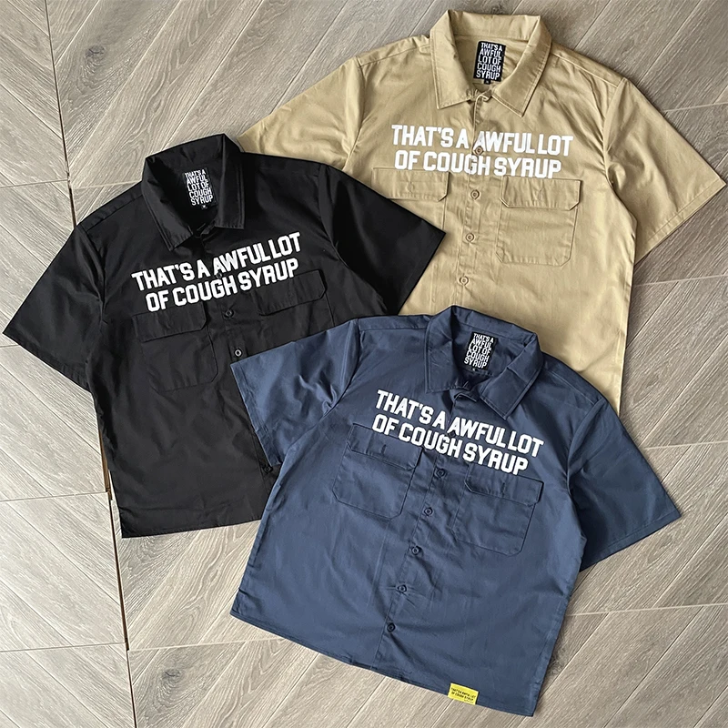 

Double Pockets That's A Awful Lot of Cough Syrup Letter Print Short Sleeve Shirt Men Women Black Blue Khaki Casual Shirt Clothes