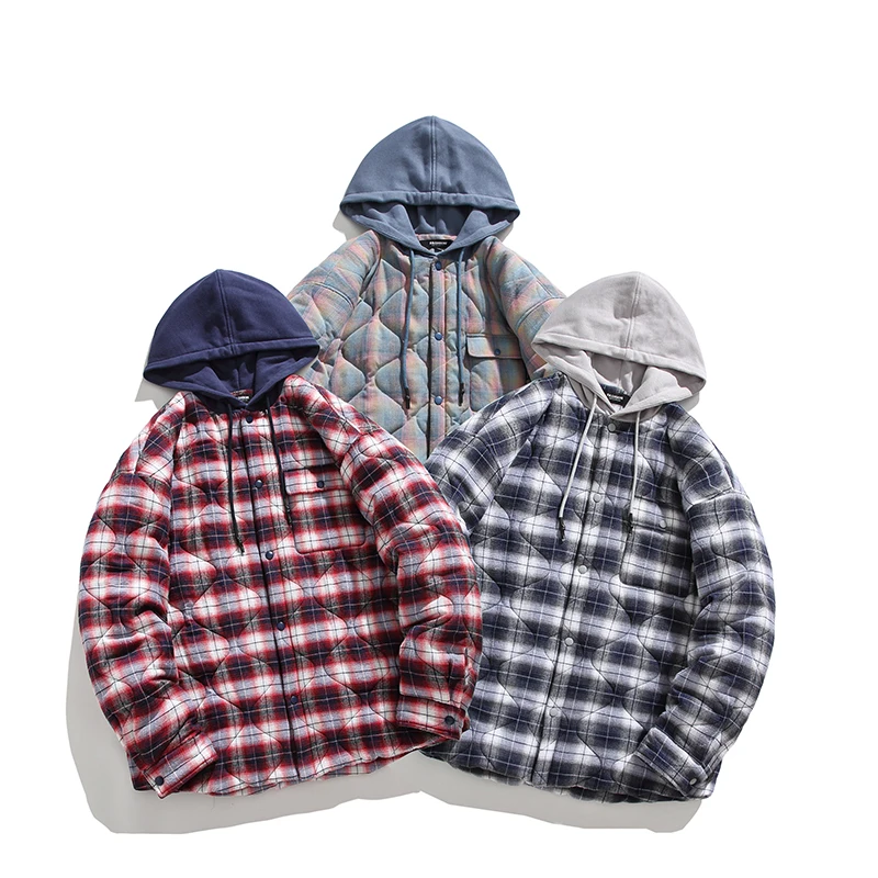 Men Hooded Plaid Winter Jackets Harajuku Coats Long Sleeve Basic Casual Thicken Warm Outwear