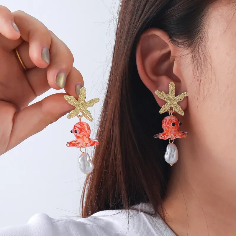Cute Octopus Earrings Creative Glass Octopus Long Drop Earrings Unqiue Marine Series Design Earrings Wholesale Custom Packaging
