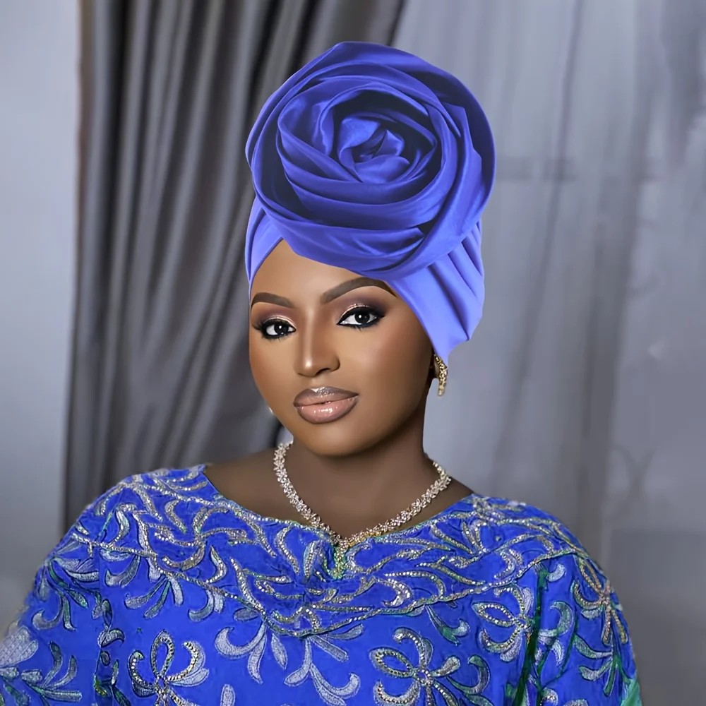 New Style, Elegant, Beautiful Rose-Shaped Elastic Headscarf Hat, Turban Hat, Floral Hat, with Handcrafted Pleated Roses That Create a Full and Three-Dimensional Appearance, Integrated Shaping Design, Suitable for Weddi