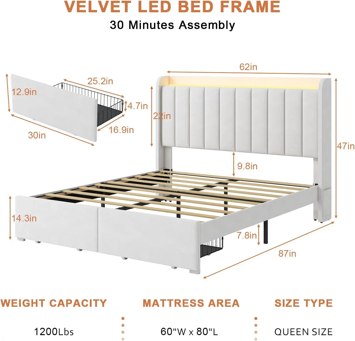 Large bed frame with drawers and LED lights, cushioned platform bed frame with charging station, wooden support, beige color