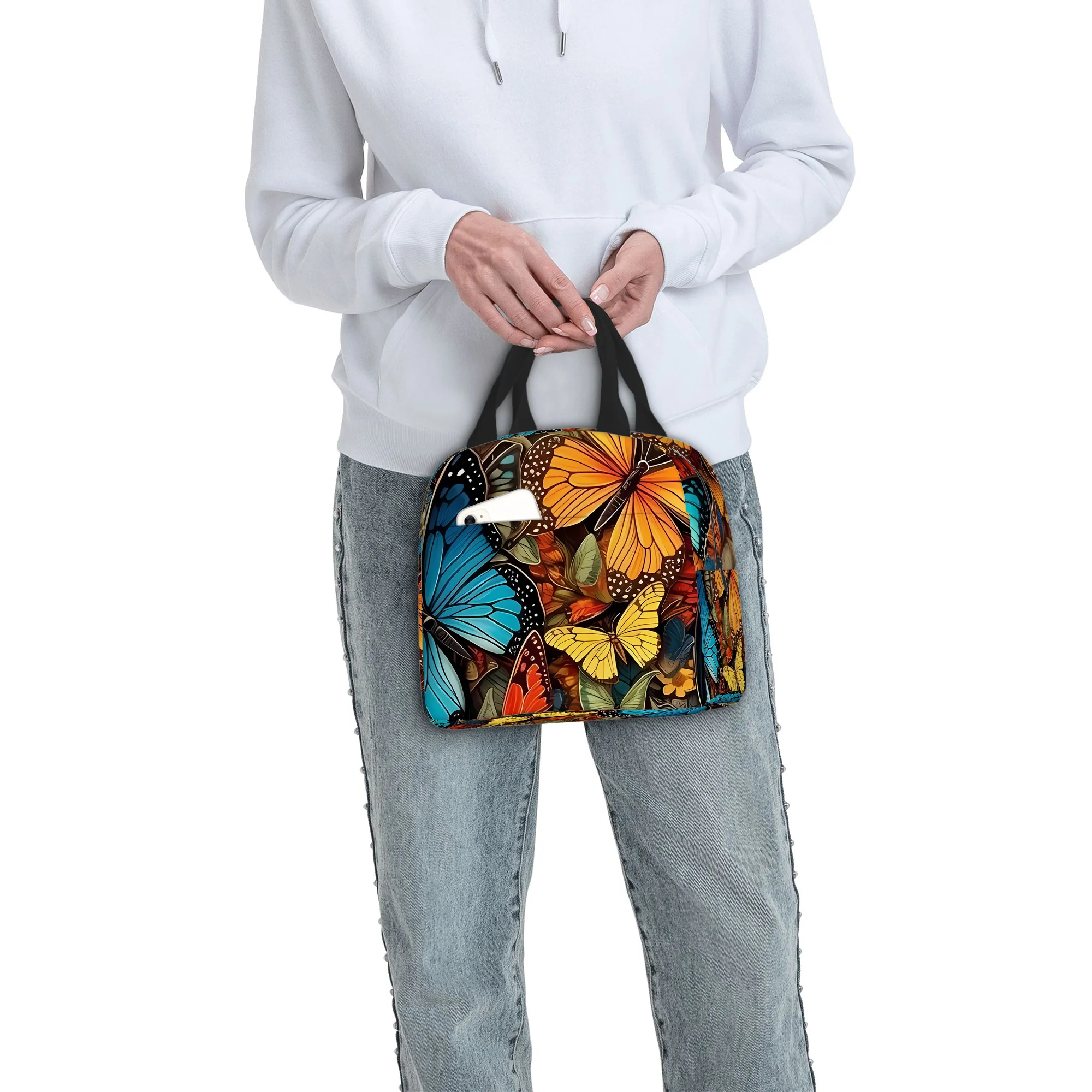 Vibrant Butterfly Print Insulated Lunch Bag Durable Polyester Oxford Cooler Tote for Unisex