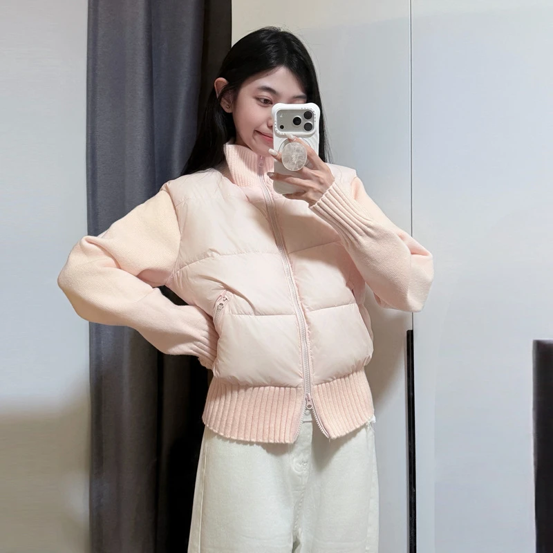 الكورية محبوك خياطة أسفل القطن وسادة مبطنة المرأة خريف شتاء 2025 جديد قصير فضفاض الوقوف طوق سستة معطف الوردي الرمادي
