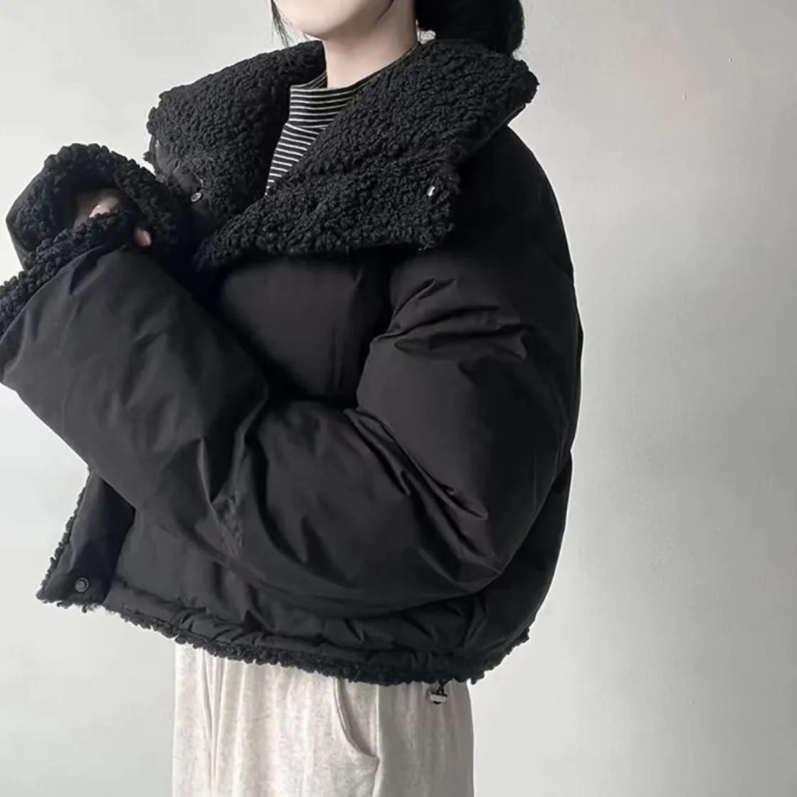 

Women's Cotton Jaet 2024 New Winter Flip Collar Faux Lamb Fur ort Loose Thiened Double-sided Wear Long Sve Bread Coat