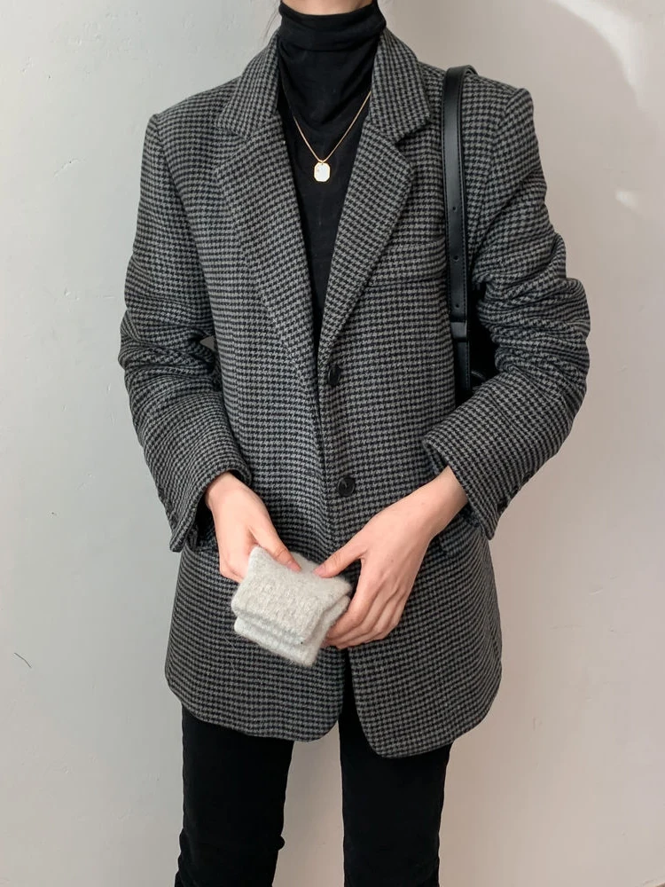 

Retro Korean Sle Plaid Suit Jaet Women's Autumn Winter Loose Midi Collar Western Sle Faionable Outerwear