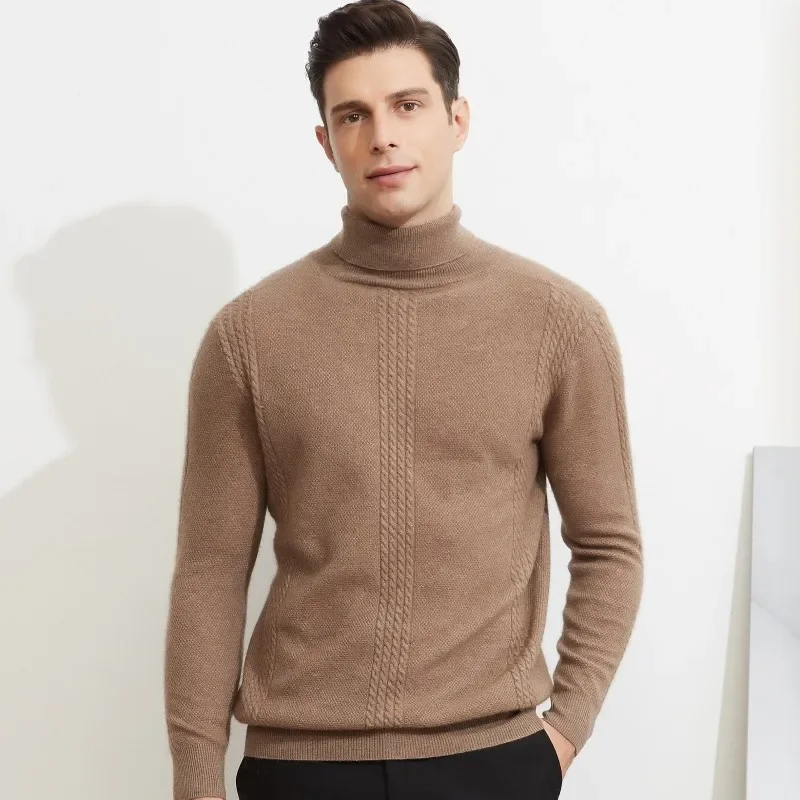 100% Pure Cashmere Sweater Men's High Polo Collar Twisted Pullover  Autumn/Winter New Knitted Underlay Warm Top