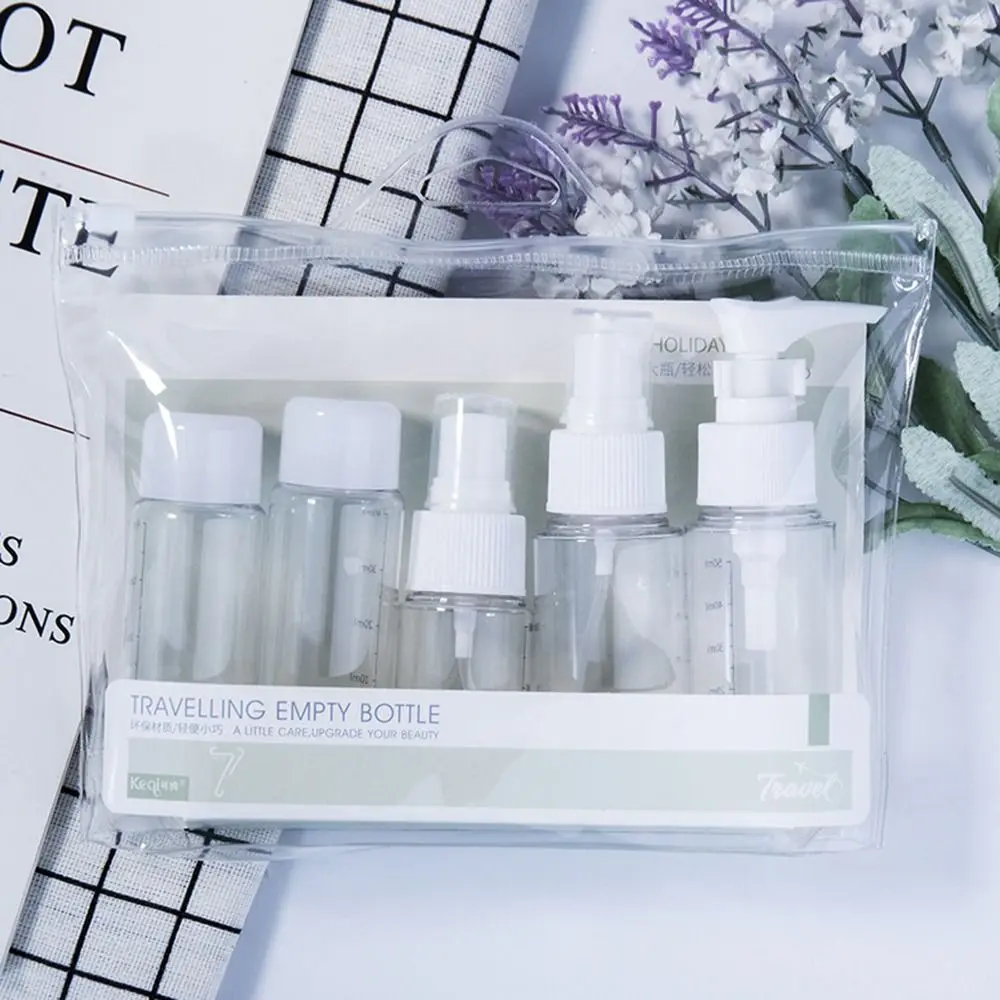 Juego de botellas recargables con bolsa de almacenamiento, crema facial, Gel de ducha, contenedor de cosméticos blanco con escala, Kit de botellas de maquillaje para mujer, 7 Uds.