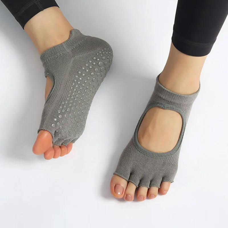 Calcetines de Yoga de punta completa para mujer, medias antideslizantes de silicona con lunares, Pilates, Punta abierta, tobillo bajo