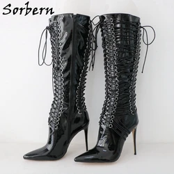 Sorbern Customized Glossy Black Boots Women Knee High Multi Lace Up Bandge Boots High Heel Stilettos Pointed Toe Shoes