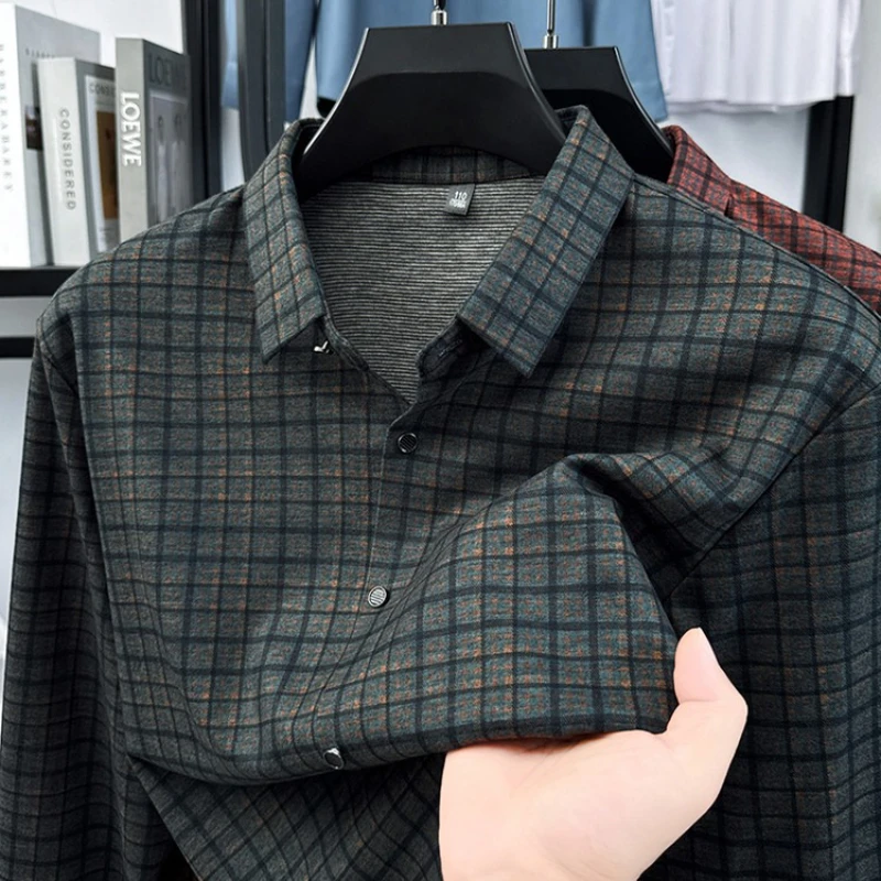   قميص رجالي مكون من مزيج الصوف والحرير - تصميم بدون خياطة باللون الأخضر (الأحمر).    ملابس رجال الأعمال غير الرسمية للخريف متعددة الاستخدامات #3