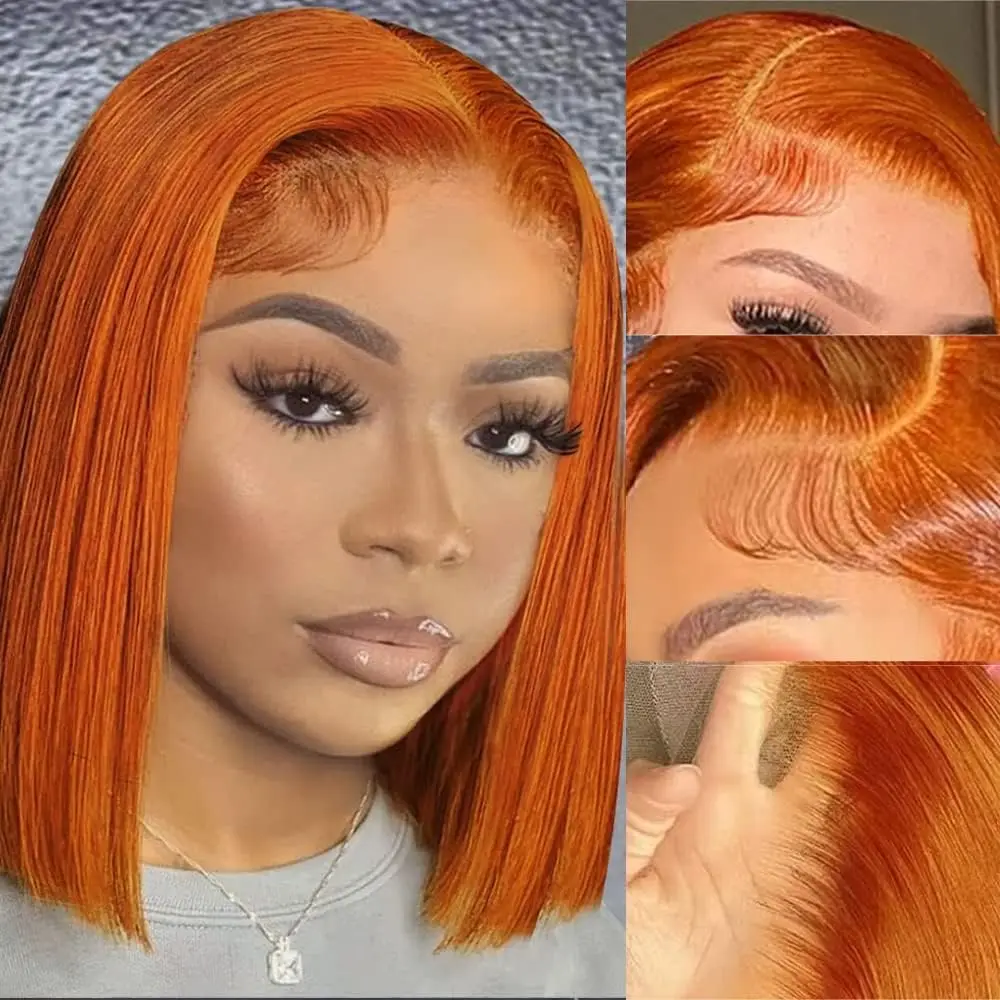 Peluca de cabello humano con malla frontal, pelo corto de color jengibre, naranja, 150% prearrancado, Natural, 13x4