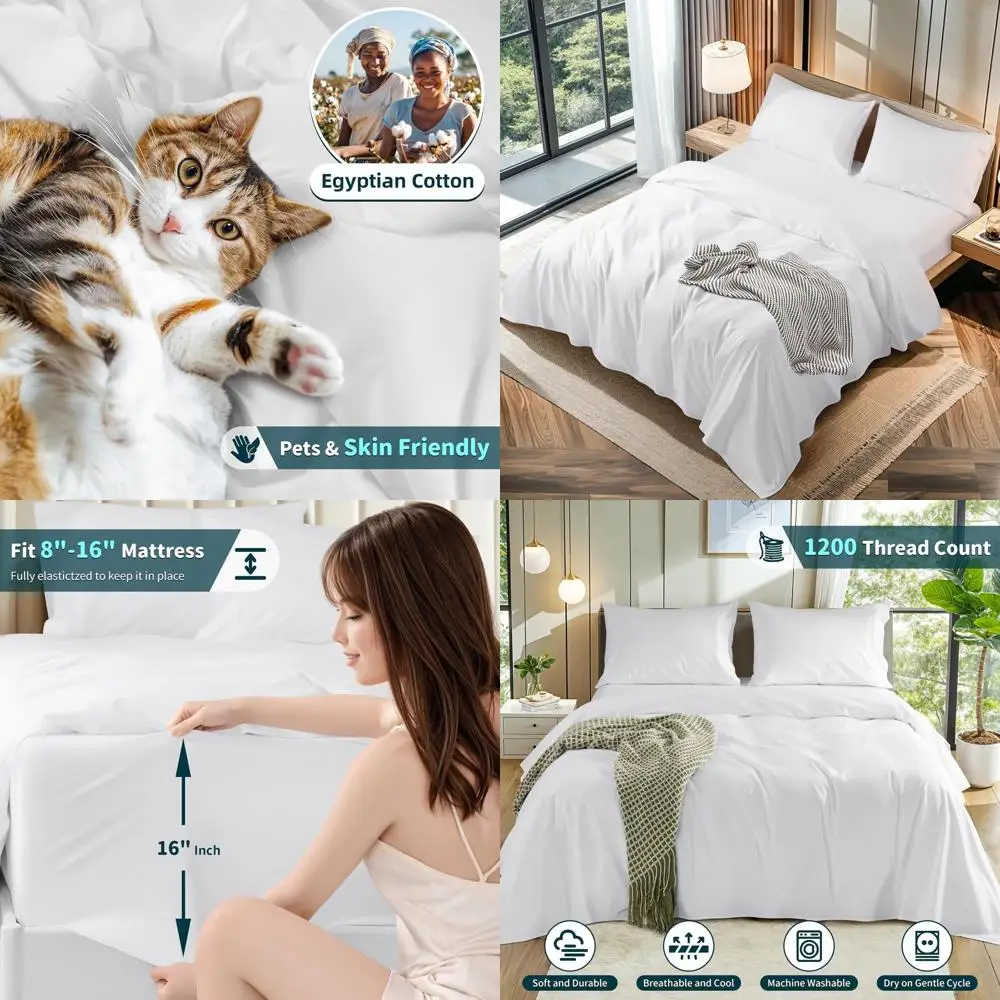 

Комплект постельного белья King Size из 100% хлопка, 1200 нитей, с глубокими карманами, 4 предмета, белый