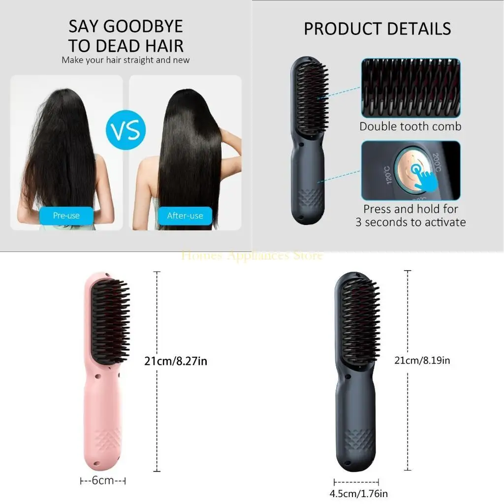D0AB Wireless Hair Straightener Brush Fast Heated Straightener Brush Multifunctional Electric Hot Comb Hair Professional