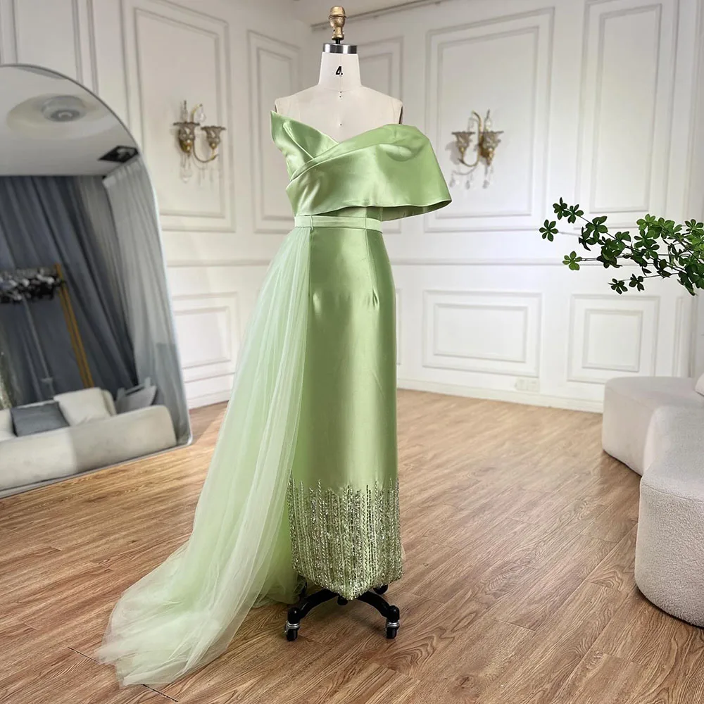 Serene Hill Sage Green Satin One-Shoulder Beaded Mermaid Tea-Length Evening Gown for  - Wedding Party 2024 LA72194 Customized