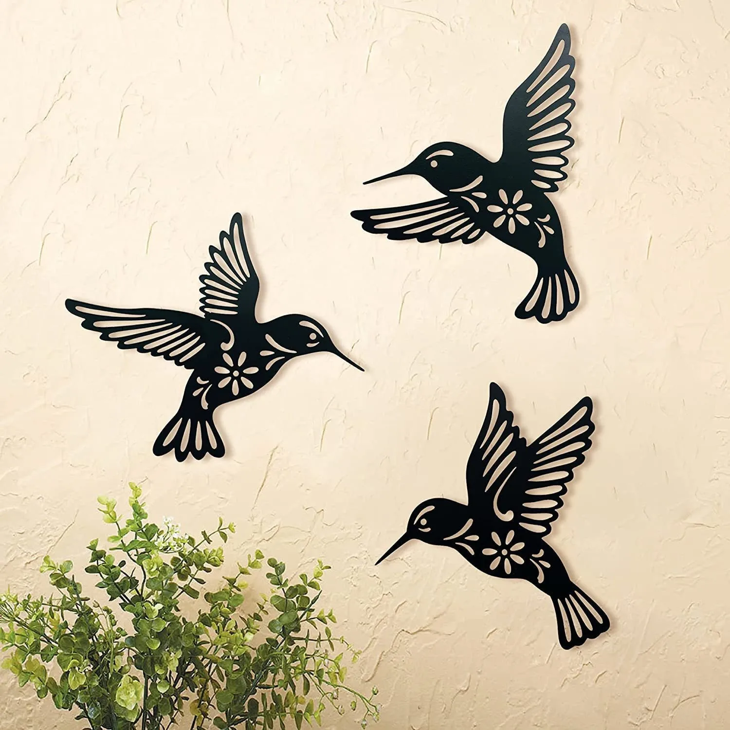 New 3pcs Metal Hummingbird Wall Decoration Hollow Out Iron Bird Sculpture Waterproof Wall Hanging Figurines Ornament Home Decor