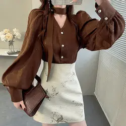 Temperament V Neck Lacing Button Shirt Tops Spring Autumn New Long Sleeve Sequined Elegant Blouse Fashion Sexy Women Clothing