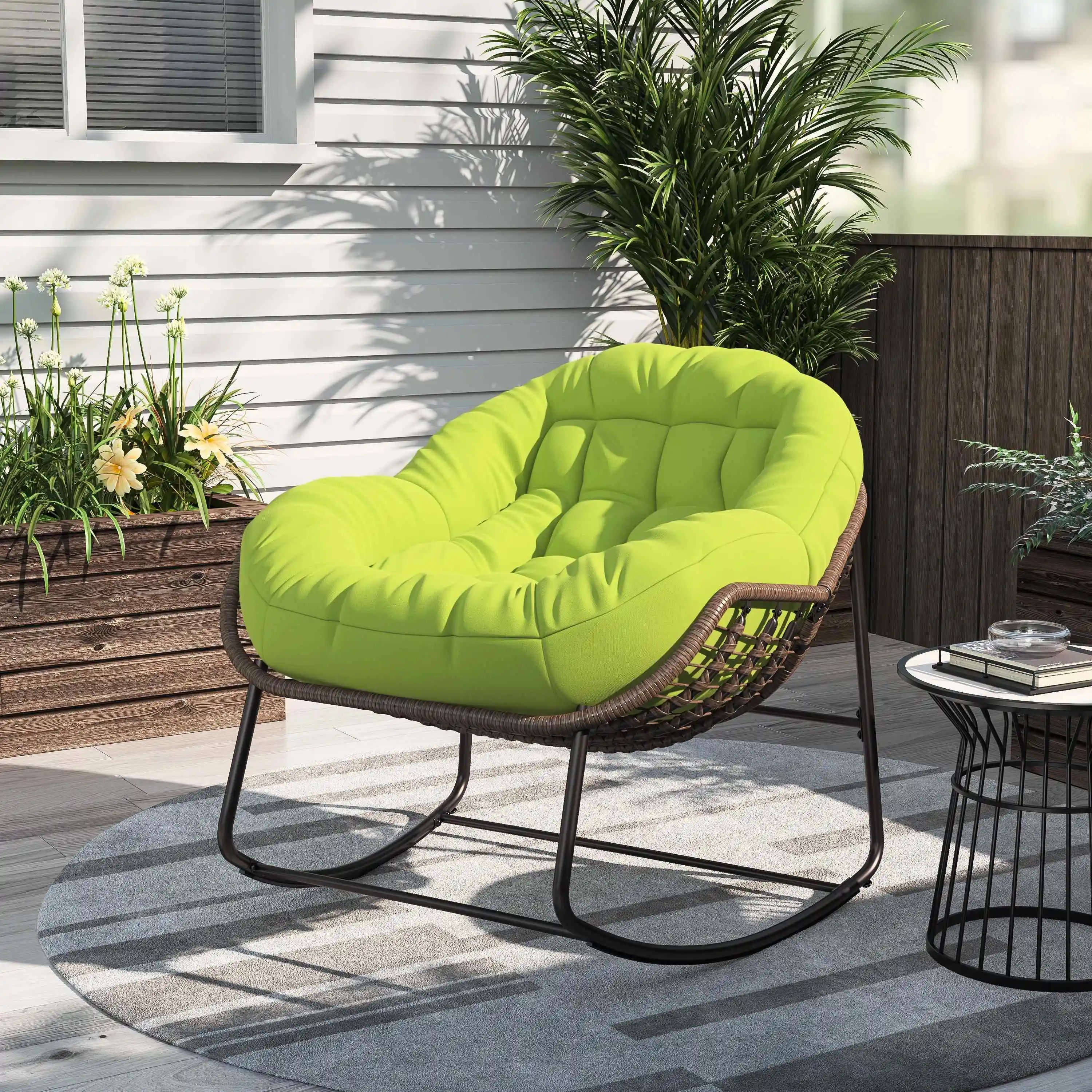 Chaise à Bascule en Rotin d\'Extérieur, Fauteuil Inclinable à Coussin Rembourré pour Porche Avant, Salon, Jardin