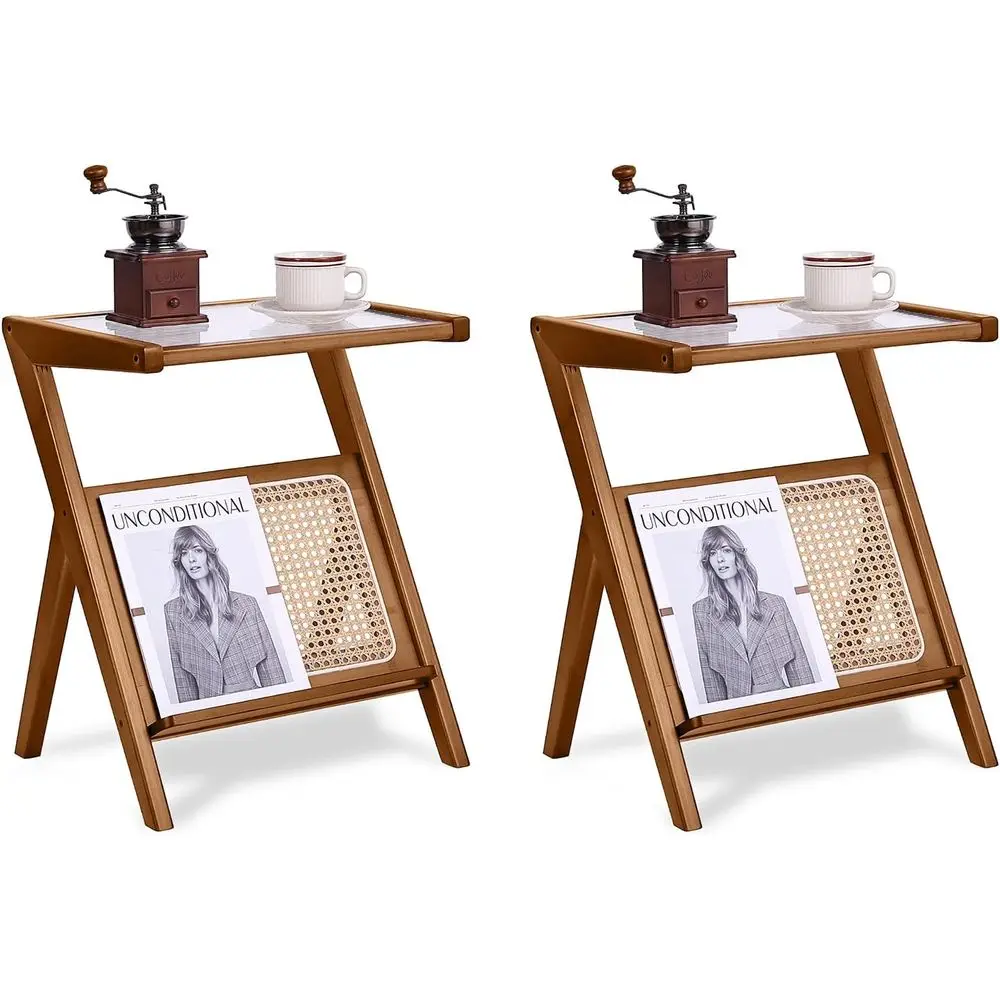 

2 Pack Rattan Side Table, Century Nightstand, Bamboo Accent Bede Tables, Glass Coee Tables, Boho Wooden End Table with Storage o