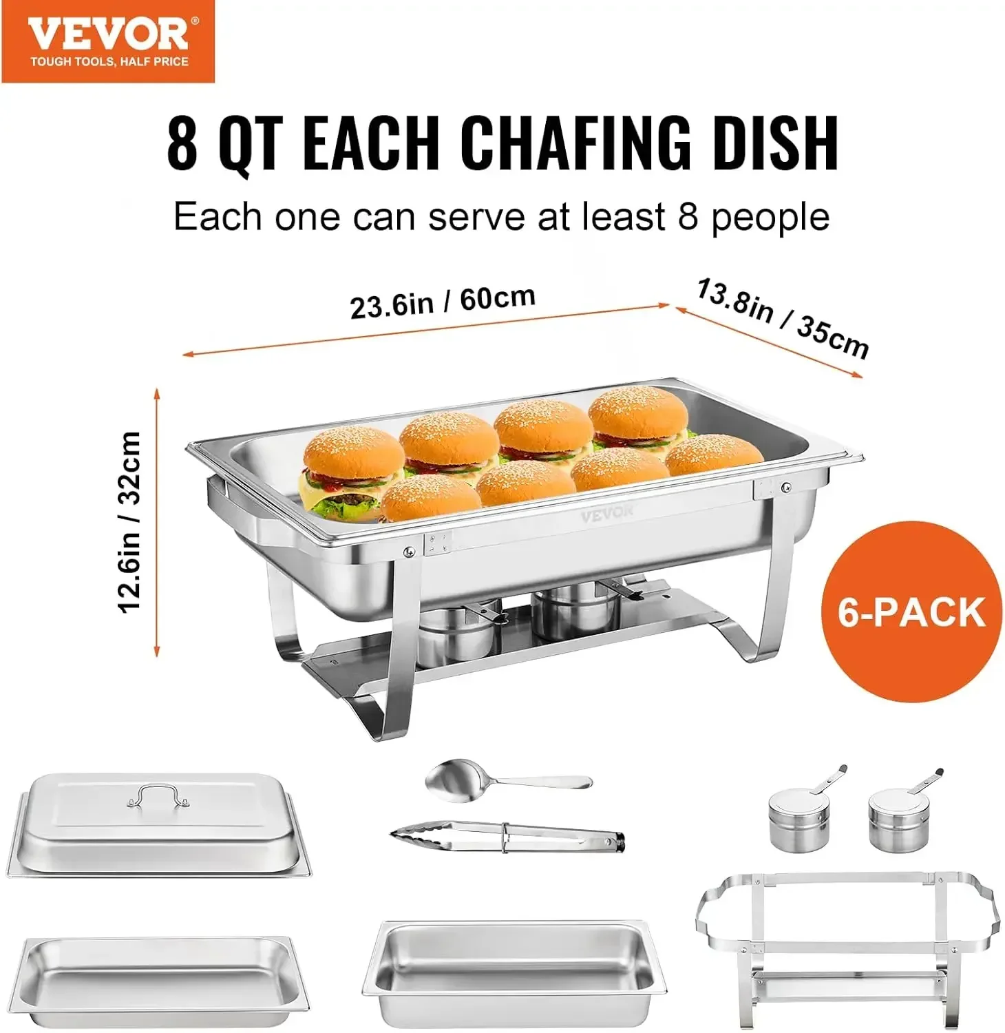 Chafing Dish Buffet Set, 8 Qt 6 Pack, Stainless Chafer with 6 Full Size Pans, Rectangle Catering Warmer Server with Lid Water Pa