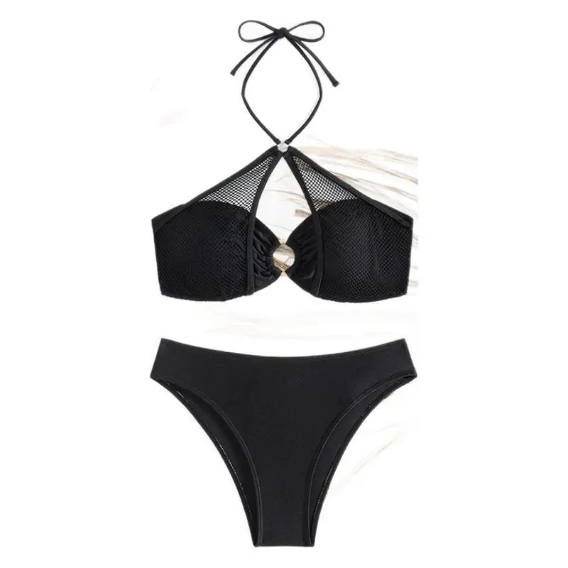 Summer Women's Triangle Panties Bikini 2-Piece Set Crisscross Tie Front Push Up & High Waist Bottom Solid Color Sexy Swimwear