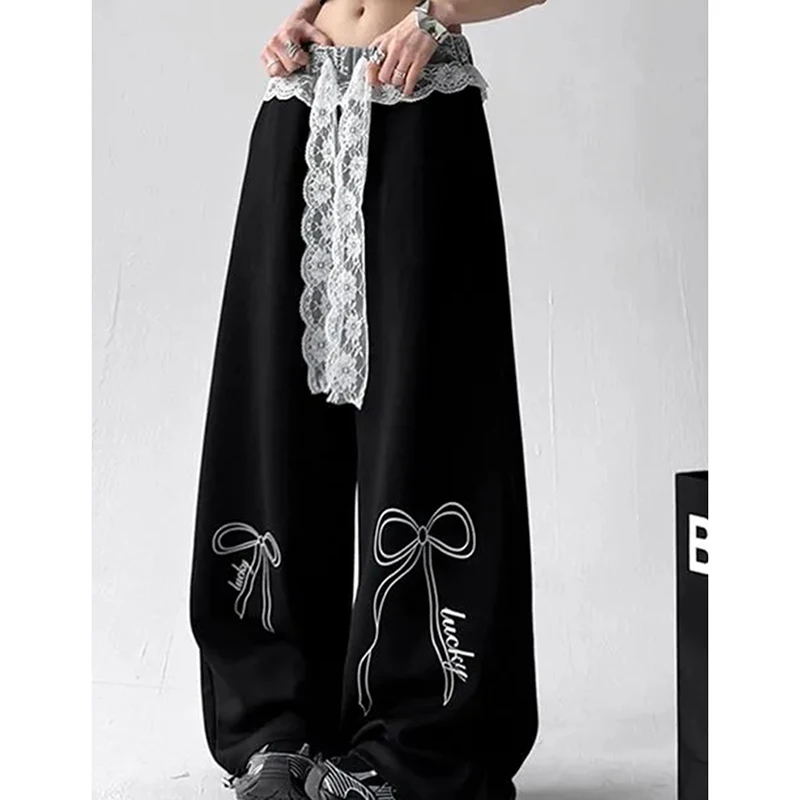 

Lace Jazz Dance Sport Pants Women Patchwork Loose Lazy Casual Trousers American Fashion Bow Print Hiphop Wide Leg Pants