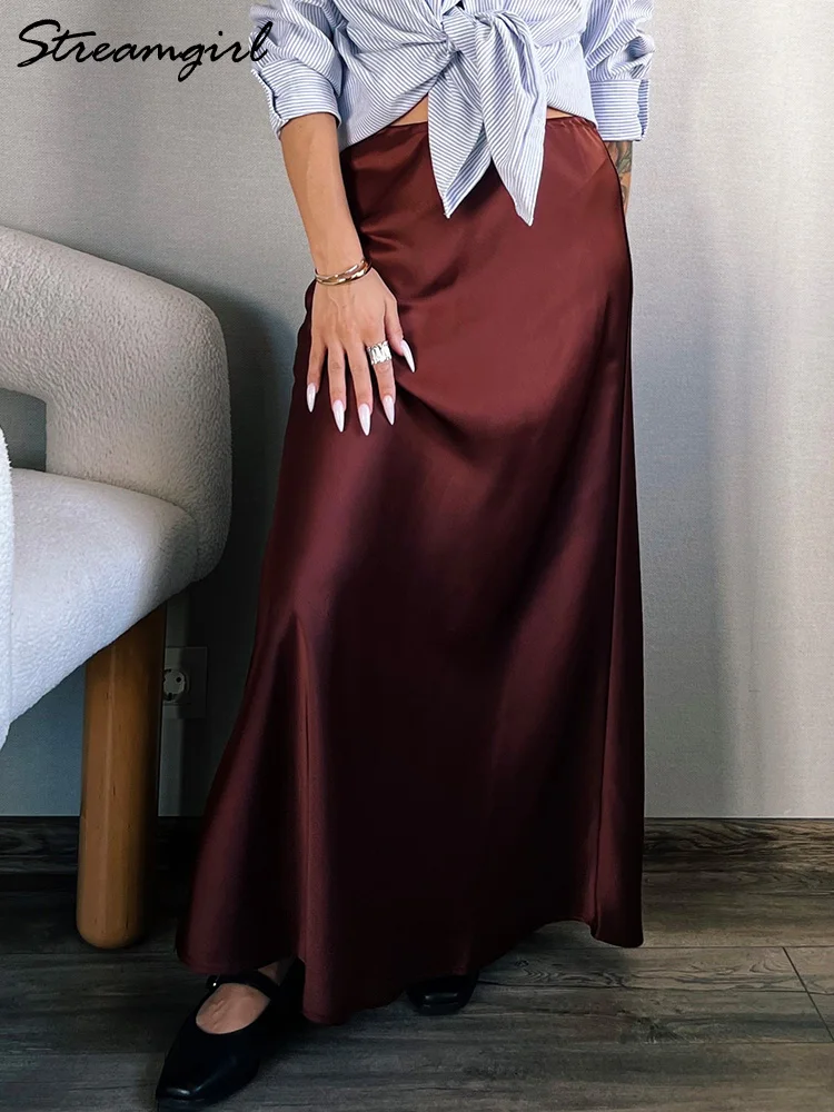 Streamgirl Zwarte Lange Satijnen Rok Voor Vrouwen Hoge Taille Veters Maxi Bruine Rechte Rok Grijze Vrouwen Satijnen Rokken Lang Elegant