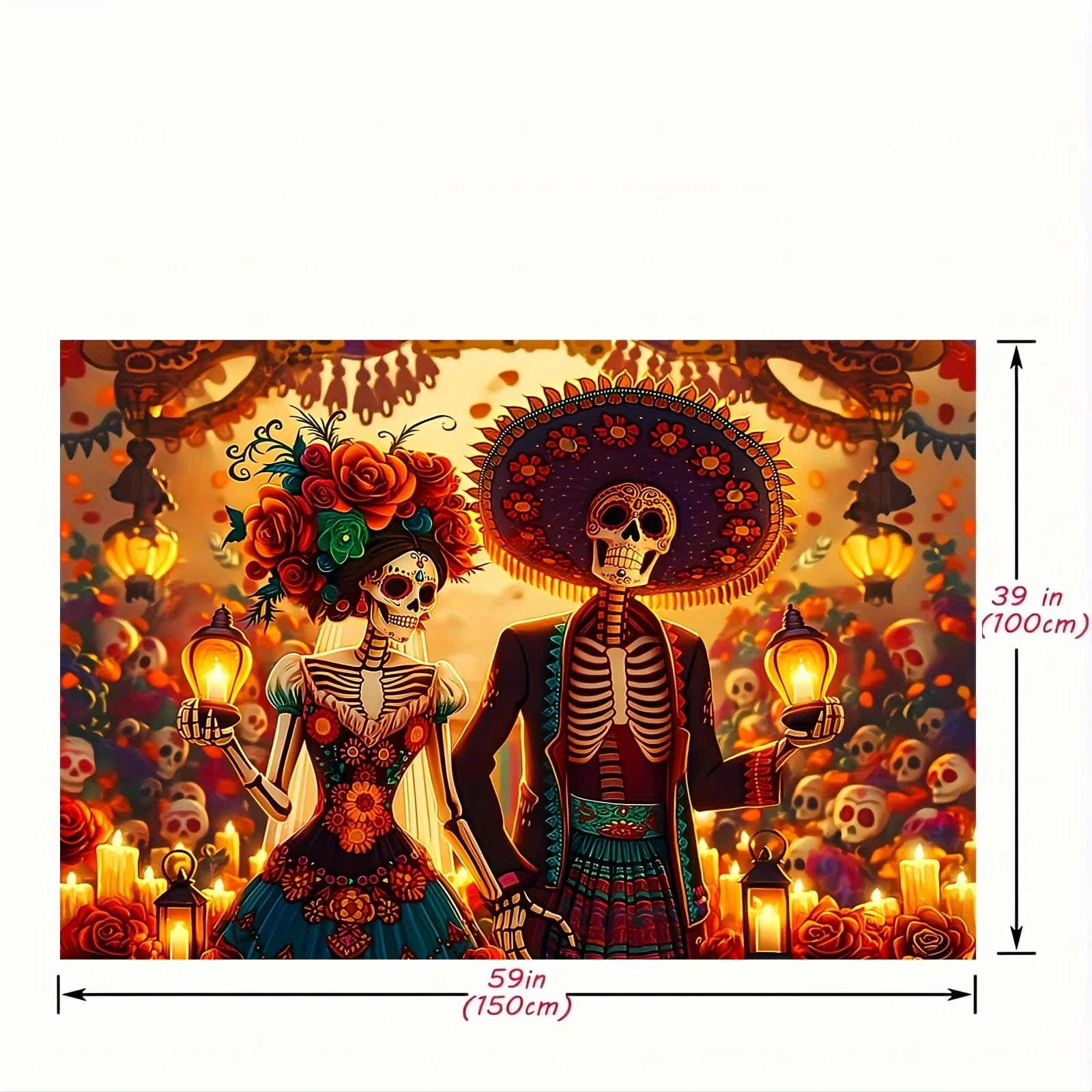 死者の日カーニバル バナー - カラフルなシュガー スカルと花のパターン、パーティー、フォトブース、ホームデコレーション