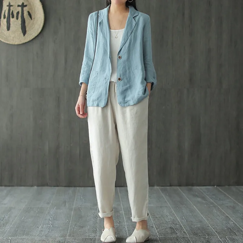 2022 New Arrival Autumn Arts Style Women Single Breasted O-neck Blazers All-matched Vintage Long Sleeve Cotton Linen Coat P471