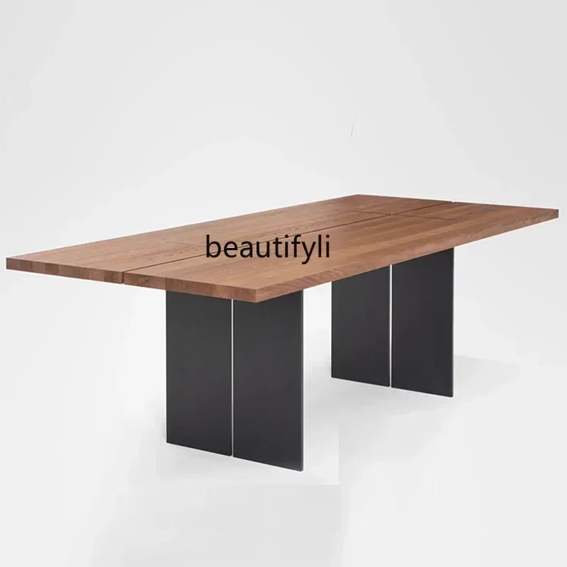 Italian minimalist solid wood dining table ash wood industrial style stainless steel   wind household rectangular dining tabl