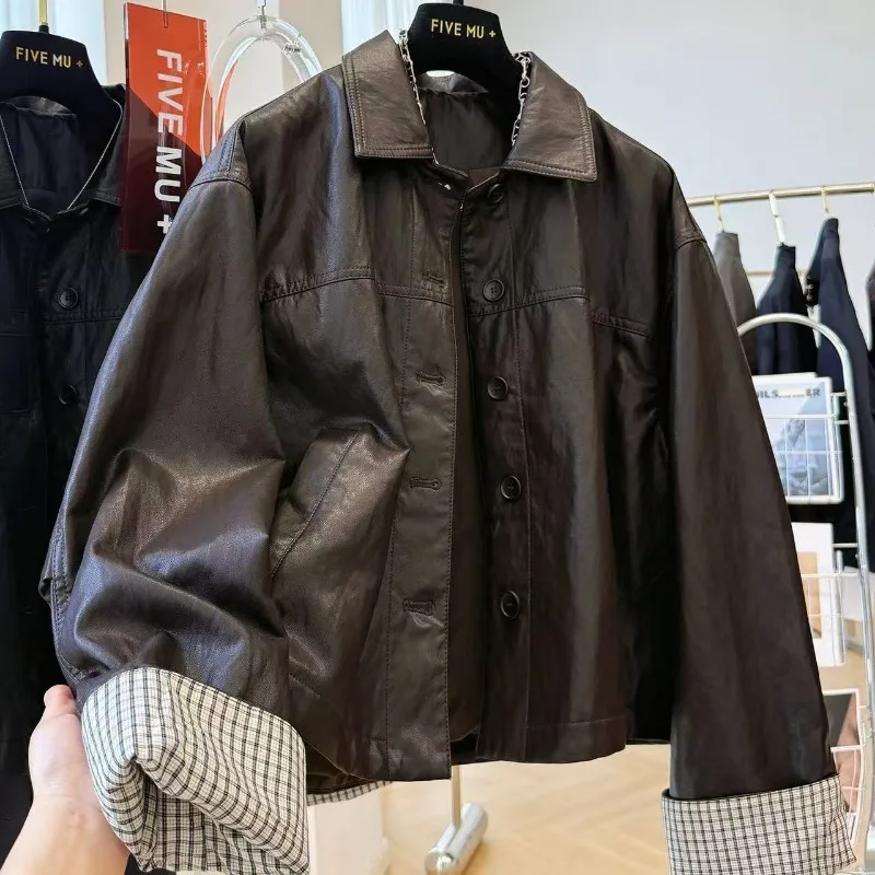 

Women Clothing Autumn Winter Loose Fashion Button Solid Color Turn-down Collar Women Fashionable Pocket Leather Jacket Cardigan